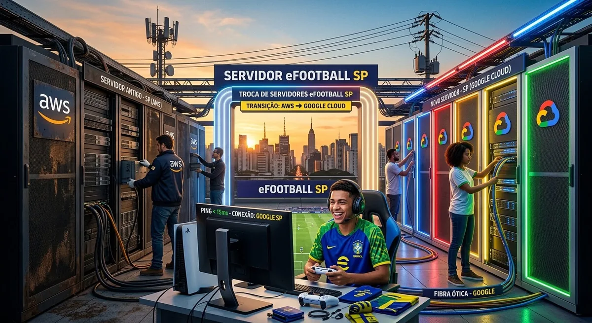Ilustração comparando um servidor antigo da AWS e um novo do Google Cloud em São Paulo, com um jogador ao centro