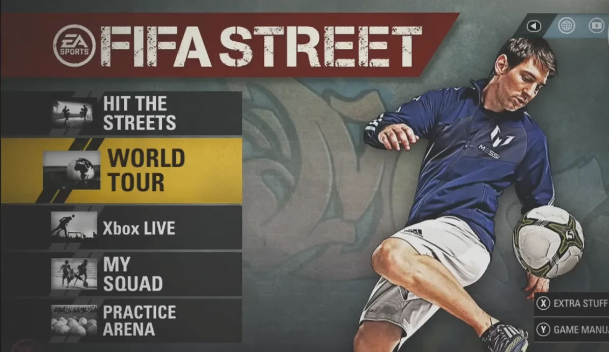 Menu principal do FIFA Street com as opções Hit the Streets, World Tour, My Squad e Practice Arena