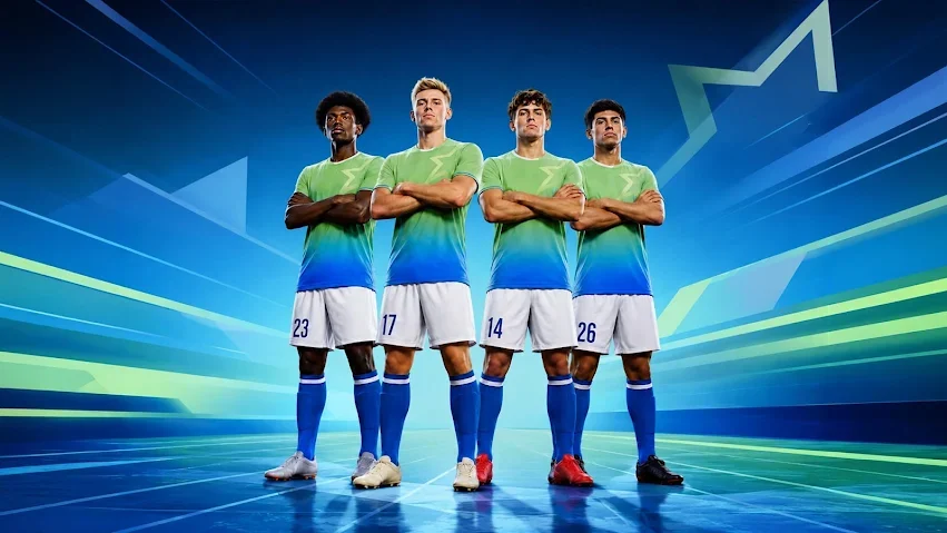 Arte oficial do evento Young Talent, com quatro jovens jogadores sobre um fundo azul e verde