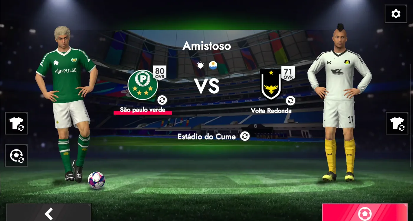 Tela de escolha de times antes de um amistoso, com dois clubes genéricos frente a frente