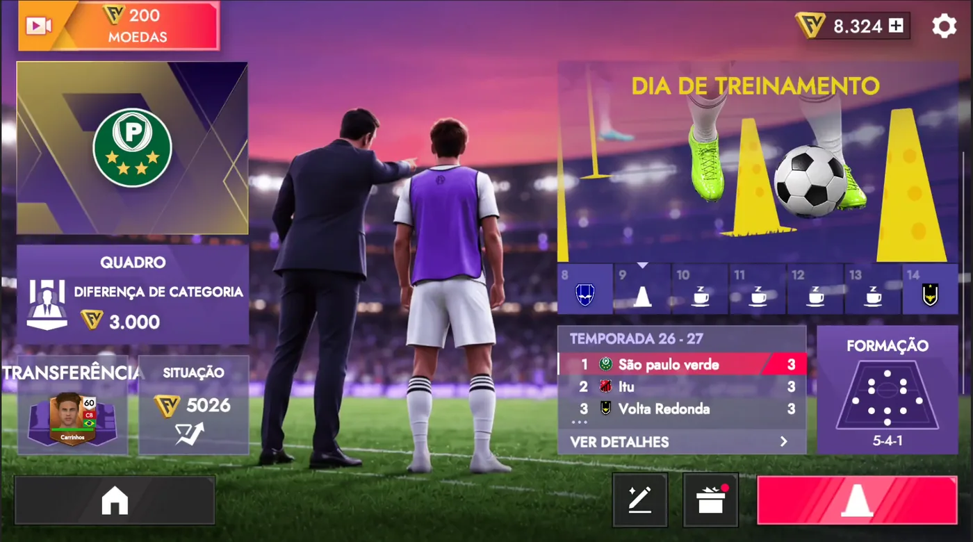 Tela principal do modo carreira de técnico, com dia de treinamento, formação e classificação da temporada
