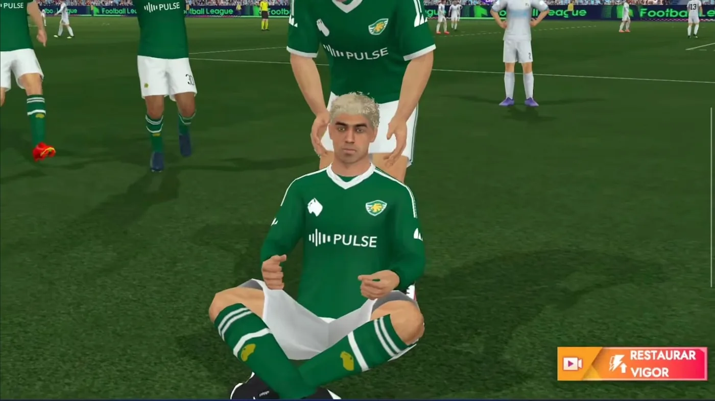 Comemoração de gol no Football League 2027, com o jogador sentado no gramado e os companheiros em volta