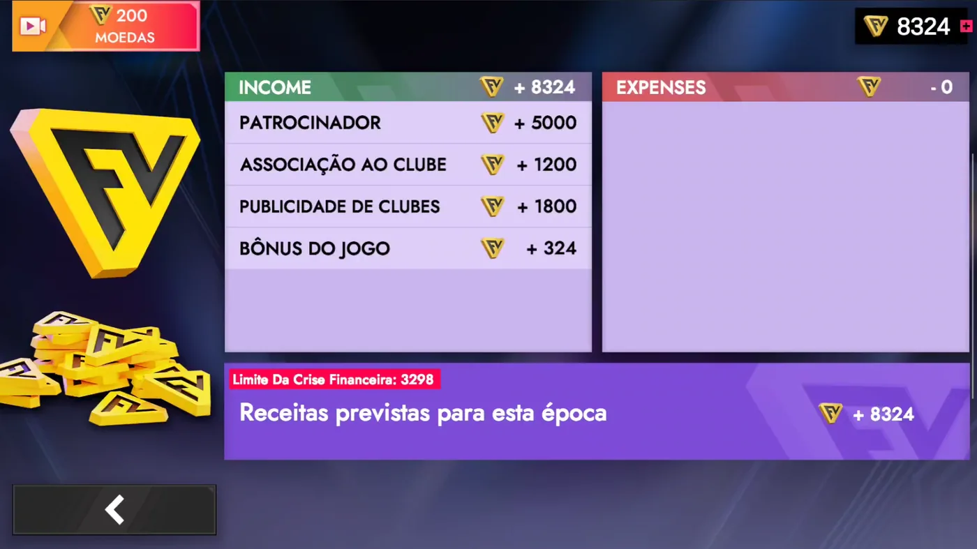 Tela de finanças do clube mostrando receitas de patrocinador, sócios, publicidade e bônus de jogo