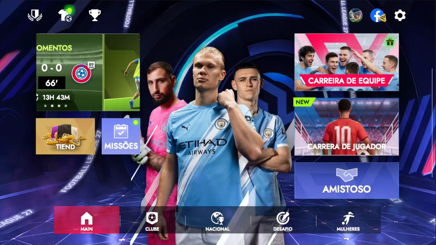 Menu inicial do Football League 2027, com os atalhos de carreira de equipe, carreira de jogador e amistoso