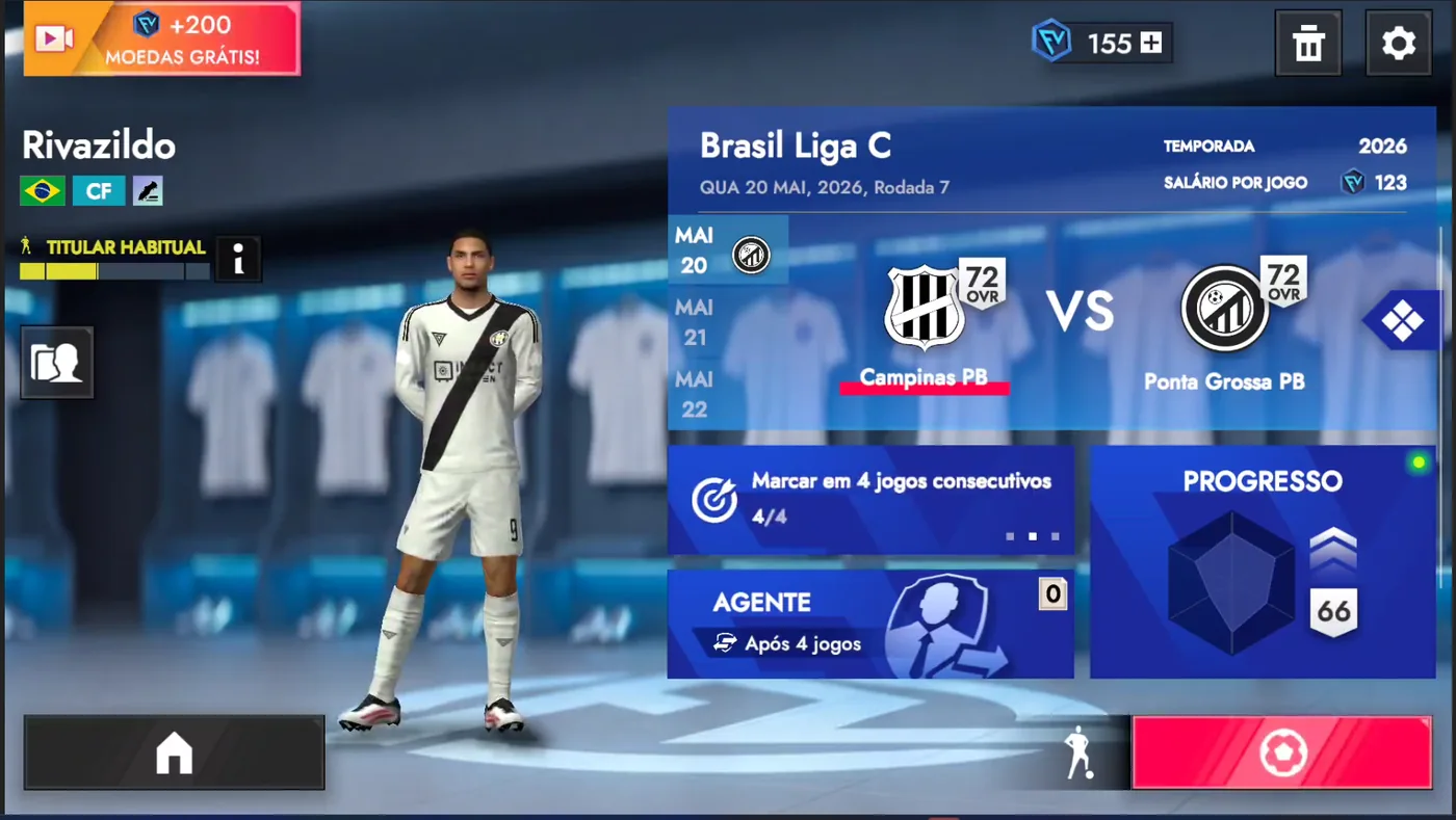 Tela do modo carreira de jogador com o calendário da temporada, objetivo individual e progresso do atleta