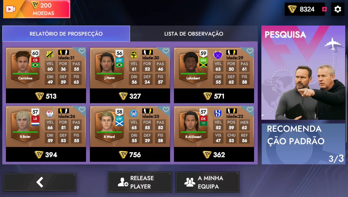 Tela de transferências com relatório de prospecção, mostrando seis jogadores com atributos e preço