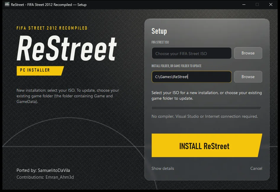 Janela do instalador do port, pedindo o arquivo ISO do FIFA Street e a pasta de instalação