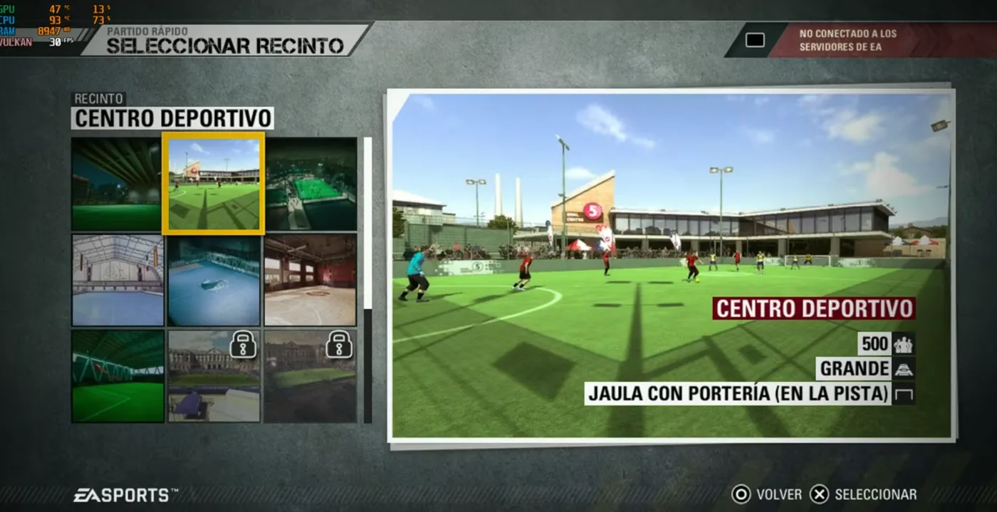 Tela de seleção de quadra do FIFA Street rodando no PC, com um medidor de desempenho no canto superior esquerdo