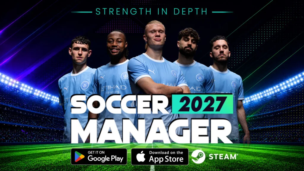 Arte oficial do Soccer Manager 2027, com jogadores em campo e os selos das lojas