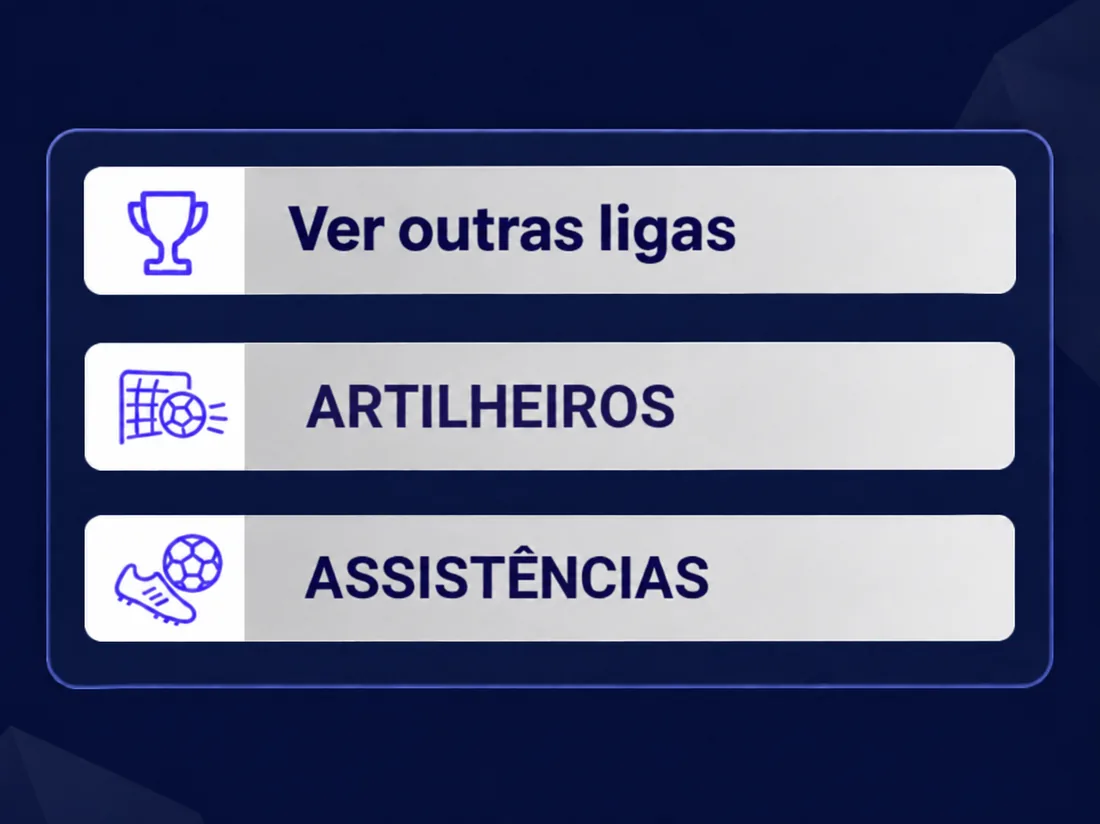 Menu do jogo com as opções Ver outras ligas, Artilheiros e Assistências